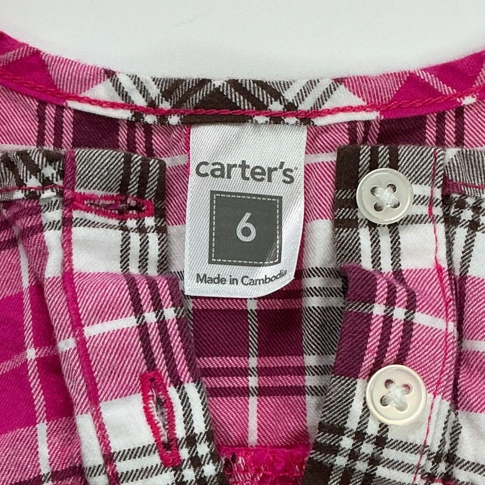 Carter's Pink Plaid Tunic Top Kids Size 6 Roll-Tab Sleeve Cotton Henley